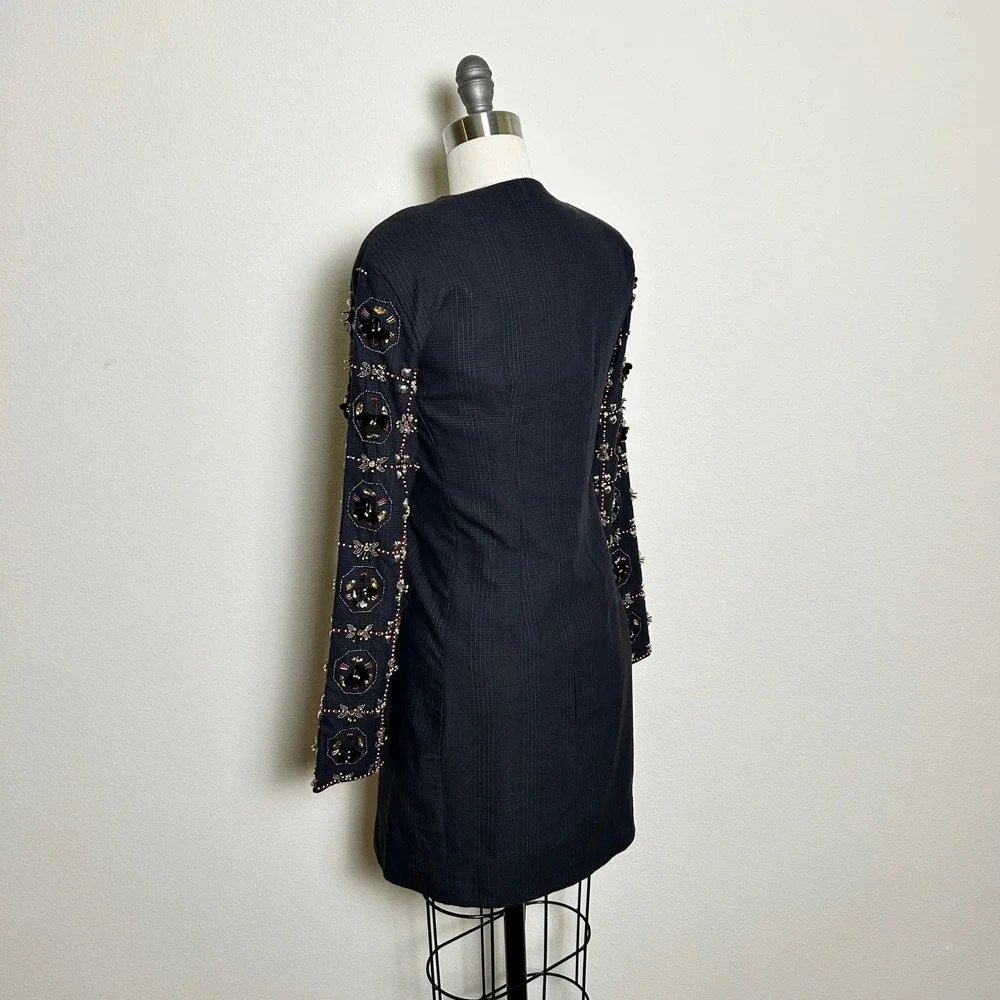 Maeve Black Cotton Beaded Plaid Embellished‎ Blazer Mini Dress Women XXS NWT